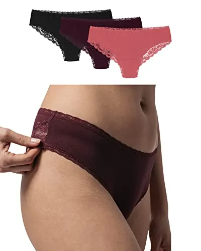 SNOCKS Brasilslip Damen Slip Unterhose (3-St) - Funktionsunterwäsche aus Bio-Baumwolle mit Spitze, für druckfreien Komfort und eleganten Look in Farben Grün, Rot und Schwarz.