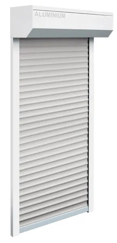 Schellenberg SB-Vorbau-Rollladen 110 x 130 cm, 45° Kasten in Weiß mit grauen Profilen - Außenanbau-Rollladen mit robustem 45° Kasten, bietet effektiven Sicht- und Sonnenschutz für Ihr Zuhause.