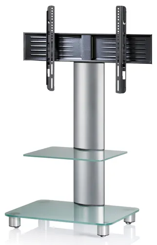 VCM TV Standfuß "Tosal" Silber mit Rollen - TV-Halterung mit schwenkbarer Halterung für 32-70 Zoll TVs, inklusive praktischem Zwischenboden aus ESG-Sicherheitsglas und integriertem Rollenset für flexible Nutzung.