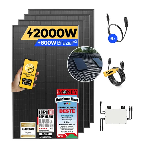 Balkonkraftwerk 2000W/800W Solaranlage - Erneuerbare Energie: Komplettset mit einfacher Dachhalterung, ideal für sofortigen Stromsparstart - einfach auspacken, aufbauen und einstecken!