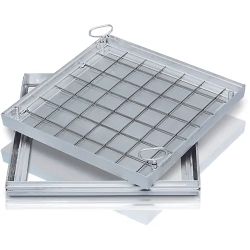 ZARGES Schachtabdeckung Aluminium 500 x 500 mm - Einzelteile für Schacht- & Steigleitern, begeh- und befahrbar, nach DIN EN 124, geruchs- und tagwasserdicht, Belastung bis 12,5 t, inklusive Edelstahl-Aushebegriffe für einfaches Öffnen.