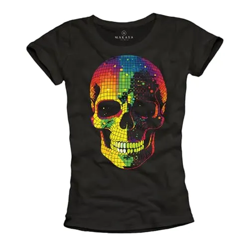 MAKAYA Rockiges Damen Shirt Totenkopf Motiv Discokugel Sommer Oberteil Disco Outfit Rock Skull Top Frauen Größe L
