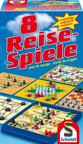 Schmidt Spiele 49102 - 8 Reise-Spiele - Gesellschaftsspiele mit magnetischen Spielplänen für 1 bis 4 Spieler, klappbares Spielbrett für einfachen Transport und optimalen Spielspaß.