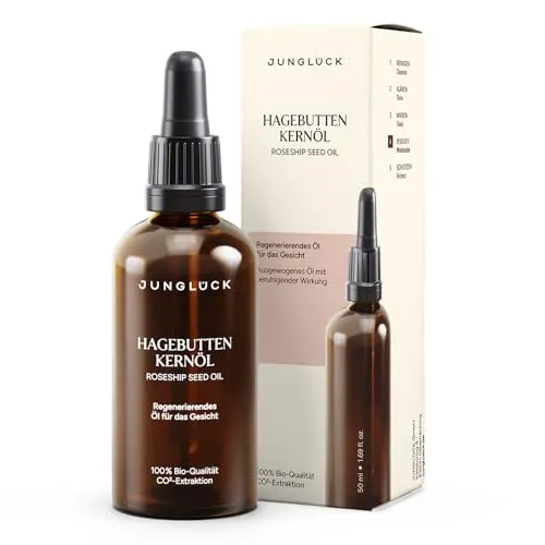 JUNGLÜCK BIO Hagebuttenkernöl - Vegan - Tagespflege mit 100% reinem, kaltgepresstem Hagebuttenöl, ideal zur Beruhigung gereizter und sensibler Haut. Unterstützt die Zellerneuerung und stärkt die Hautbarriere.