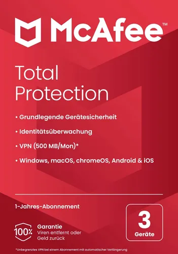 McAfee Total Protection 3-Geräte Lizenz - Sichere Internetsicherheit für bis zu 3 Geräte. Schützen Sie Ihre Daten mit dieser benutzerfreundlichen Lösung und genießen Sie sorgenfreies Surfen.