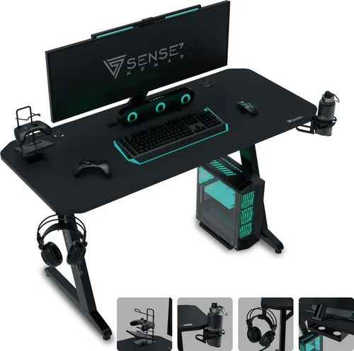 SENSE7 Nomad Basic Gamingtisch 120x60 cm - Schwarz - Der SENSE7 Nomad Basic Gamingtisch vereint Komfort und Funktionalität in kompaktem Design. Mit Getränke- und Kopfhörerhalter sowie Kabelmanagement ist er ideal für kleine Räume und optimale Organisation.