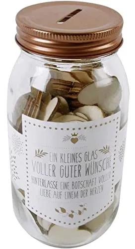 Gästebuch im Glas 'Gute Wünsche' mit Holz Herzen - Hochzeitsbuch, Hochzeit, Taufe, Geburtstag, Wunschglas, Spardose