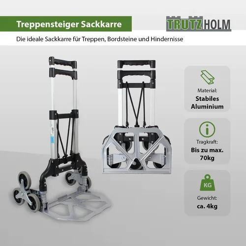 TRUTZHOLM Alu Treppensteiger Sackkarre - 70 kg klappbar und extra hoch - Sackkarren mit Vollgummi-Soft-Lauffläche und einer Griffhöhe von 109 cm. Leicht, robust und platzsparend – ideal für den Einsatz auf Treppen und ebenen Böden.