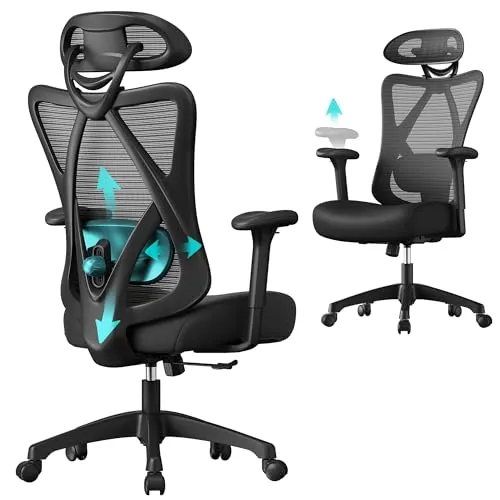 Songmics Bürostuhl OBN063B01 - Ergonomisch und Belastbar bis 150 kg - Bürostuhl mit verstellbarer Kopf- und Lendenwirbelstütze für optimalen Sitzkomfort. Ideal für lange Arbeitstage mit atmungsaktiver Netzbespannung und Wippmechanik.