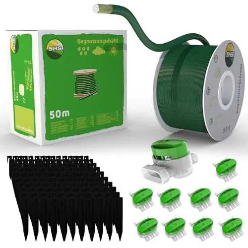 50m Begrenzungskabel + 150 Erdspieße + 10 Kabelverbinder für Mähroboter Rasenmäher Rasenroboter Zubehör SET Begrenzungsdraht für Suchkabel - kompatibel mit GARDENA/BOSCH/HUSQVARNA/WORX etc.