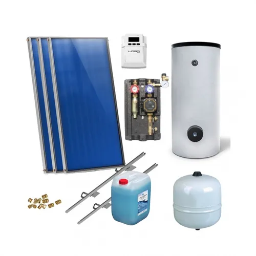 Solaranlage Warmwasser Solarpaket mit 3 Kollektoren - Komplettanlage für effiziente Solarthermie, ideal für Gewerbe, Garten und Landwirtschaft; sorgt für warmes Wasser unter optimalen Tageslichtbedingungen.