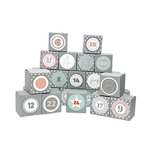 Frau WUNDERVoll® DIY Adventskalender Vorfreude zum Befüllen, Faltschachteln 12x grau, weiße Sterne, 12x grau 7x7x7cm(gefaltet),XL Ziffern pastell/Weihnachten, Würfelbox, Faltverpackung, Schachteln