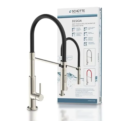 Schütte 23138 Design Spültischarmatur mit auswechselbaren Soft Touch Schlauch, 360 Grad schwenkbarer Wasserhahn für die Küche, Küchenarmatur Einhebelmischer, Mischbatterie in Edelstahl/Schwarz