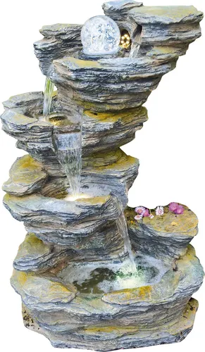Granimex Fudong Polystone Schiefer-Wasserfall mit Glaskugel und LED - Eleganter Wasserfall mit drehender Glaskugel und stimmungsvollem LED-Licht, ideal für eine entspannende Atmosphäre im Garten oder Zuhause.