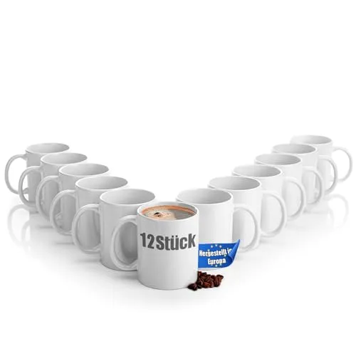 BigDean 12 große Kaffeebecher aus Porzellan, spülmaschinenfest - Thermobehälter: Hochwertige, kratzfeste Porzellantassen, ideal zum Bemalen und vielseitig für Kaffee, Tee oder Glühwein. Perfekt für Büro und Zuhause.