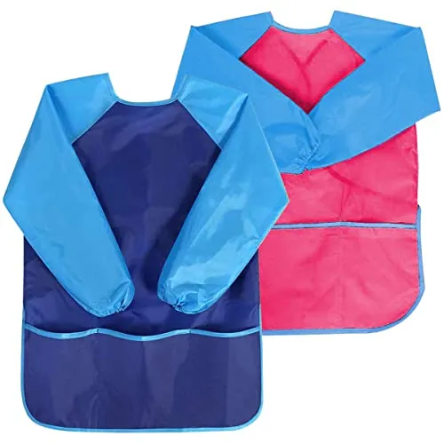 Gwolf Malkittel Kinder 2 Stück Malschürze Kinder Schule 7-10 Jahre, Wasserdichte Werkschürze Kinder Schule mit Ärmeln und 3 Taschen, Malhemd für Malerei, Kochen, Essen,Laboraktivität (Blau + Rosa)