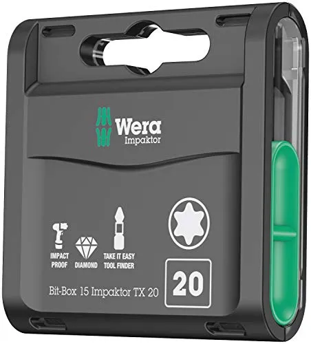Wera Bit-Sortiment 15-teilig mit Impaktor-Technologie - Werkzeug-Sets mit überdurchschnittlichen Standzeiten und Diamantbeschichtung für sicheren Sitz. Praktische Bit-Box mit Farbkennzeichnung für einfache Entnahme.