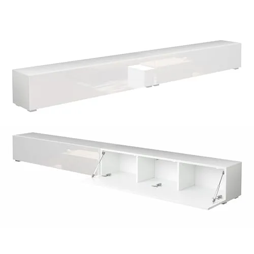 PLATAN ROOM TV-Lowboard 280 cm - Hängend oder Stehend in Hochglanz Weiß - TV-Halterungen: Minimalistisches Design mit Push-to-Open-Funktion, ideal für elegantes Wohnen und einfachen Zugang zu Kabeln.