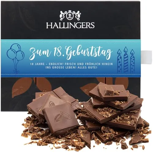 Hallingers Zum 18. Geburtstag - Vollmilch Edel-Schokolade zartschmelzend ganz pur - handmade, alkoholfrei (Box) - Geschenk im Sommer & als perfektes Grillgeschenk | Geburtstag Glückwunsch Jahrestag Gl