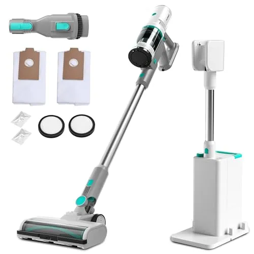 HAUSHOF Akku Staubsauger mit Absaugstation, Kabelloser Staubsauger 3-in-1, 24kPa Saugleistung, 2,1L Selbstleerender Beutel, Nachtmodus & Duftfunktion, V-förmige Bürste, LED-Licht, Ideal für Teppiche