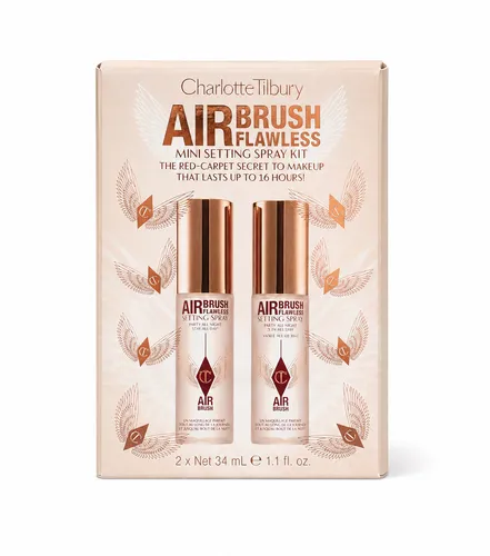 Charlotte Tilbury Airbrush Flawless Mini Setting Spray Kit - Praktisches Doppelpack mit 2 x 34 ml wasserfesten Sprays für langanhaltendes Make-up bis zu 16 Stunden. Ideal für unterwegs, mit pflegenden Inhaltsstoffen und einem angenehmen Duft für ein luxuriöses Erlebnis.