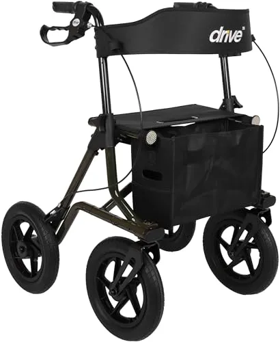Torro Outdoor Rollator Tannengrün mit PU-Bereifung - Robuster Rollator mit stabilem Aluminium-Rahmen, 12-Zoll-Reifen und griffigem Profil für sicheren Halt. Faltbar und höhenverstellbar, ausgestattet mit Komfort-Tasche, Rückengurt und Ankipphilfe für mehr Komfort im Alltag.