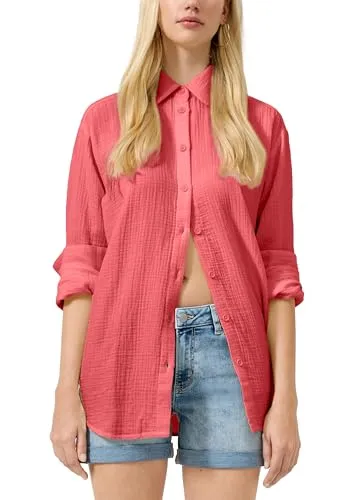 QS Musselin-Bluse mit Oversized Fit - Leichte Musselin-Bluse aus Baumwolle mit Hemdkragen und Rundhalsausschnitt. Die überschnittenen Schultern und langen Ärmel mit Manschetten sorgen für einen lässigen Look. Ideal für entspannte Outfits.