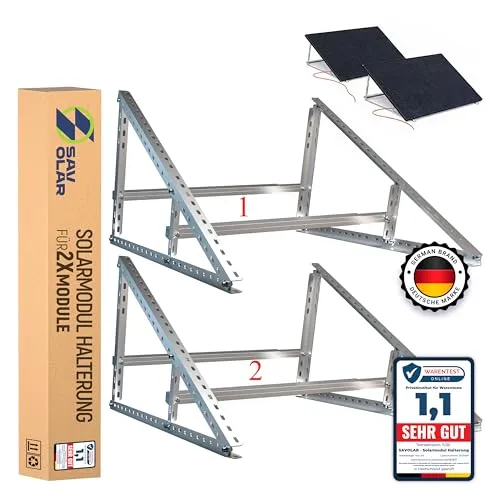 SAVOLAR Solarmodul Halterung 2 Stück - Dach- & Bodenhalterungen Solarmodule, wetterbeständig aus Aluminium & Edelstahl, verstellbar von 0-90°, ideal für Balkonkraftwerke bis 117cm, einfache Installation und hohe Stabilität.