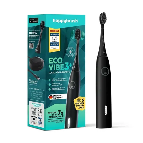 happybrush Schallzahnbürste Eco Vibe 3+ StarterKit - Elektrische Zahnbürsten mit Gehäuse aus 100% recyceltem Material und leistungsstarkem Akku für bis zu 6 Wochen Nutzung – ideal für umweltbewusste Reisen!