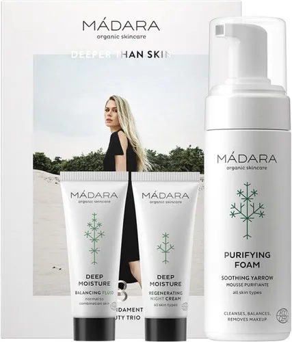 MADARA Kosmetik Starter Set - Praktisches Set mit MADARA Bestsellern für alle Hauttypen. Enthält Reinigungsschaum, Feuchtigkeitsfluid und Nachtcreme für tiefenreine, hydratisierte Haut und verbesserte Regeneration.