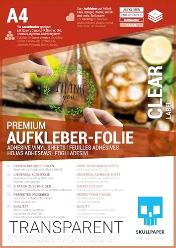 Skullpaper Kopierfolien Aufkleberfolie A4 - Transparent Klar - Universal-Aufkleber für Laserdrucker, ideal für individuelle Sticker und Geschenkaufkleber. Wasserfest, rückstandsfrei ablösbar und bestempelbar mit permanenter Stempelfarbe.