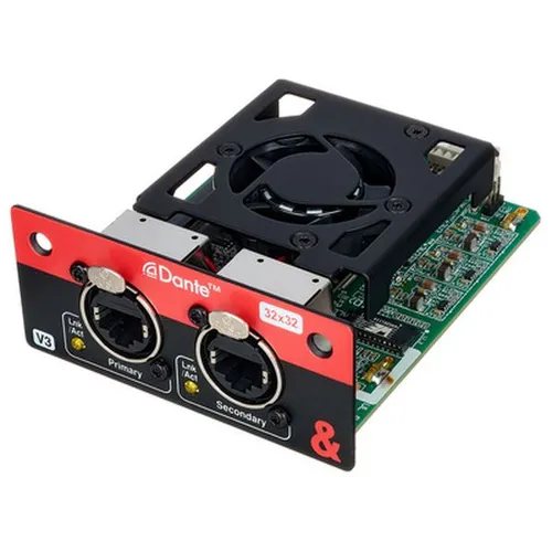 Allen & Heath Dante Card 32x32 für SQ & AHM - Studio & Recording, bietet vollständige 32x32-Kanal-Schnittstelle mit 96 kHz Audioqualität für nahtlose Integration in Dante-Netzwerke.