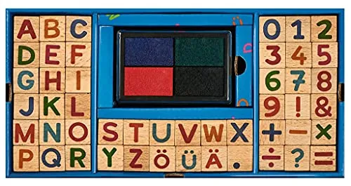 moses. Mein großes Stempelset - 48 verschiedene Kinderstempel aus Holz, Zahlen und Buchstaben Stempel für Schreib- und Rechenübungen, Bunt, 26241