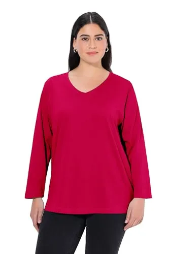 Ulla Popken Damen große Größen Übergrößen Plus Size Shirt, V-Ausschnitt, Relaxed, Langarm rot 46+ 725334536-46+
