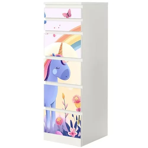 Sunnywall® Möbelfolie passend für IKEA Malm Kommode Schrankfolie Aufkleber mit Einhorn in Märchenwelt Motiv | blasenfrei verkleben | Kinderzimmer 6er 40 cm