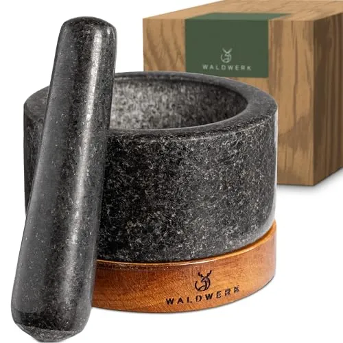 Waldwerk Mörser mit Stößel - 12cm Durchmesser aus edlem Granit - Mörser aus natürlichem Granit mit stabiler Akazienholzbasis, ideal für Gewürze und Kräuter, sorgt für optimale Aromenentfaltung.