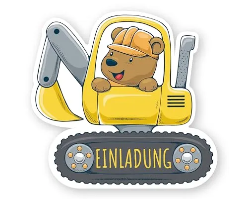 Friendly Fox Bagger Einladung, 12 Einladungskarten Kindergeburtstag Junge, Mini-Bagger Geburtstagseinladungen, Einladungskarten Jungen 10x11cm