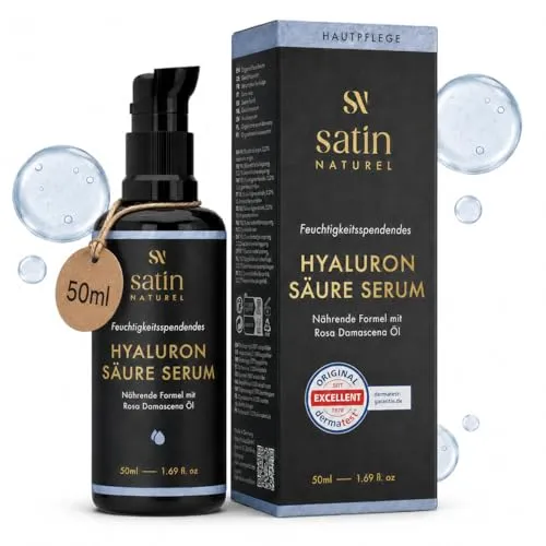 Satin Naturel Hyaluron Serum hochdosiert 50ml - Anti Aging Gesichtsserum - Gesichtsseren mit hochdosierter Hyaluronsäure und Bio Aloe Vera für intensive Feuchtigkeit und Faltenreduktion. Ideal für Männer und Frauen, Made in Germany.