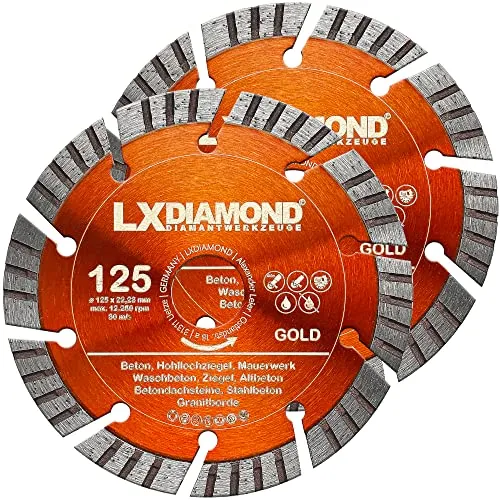 LXDIAMOND 2x Diamant-Trennscheibe 125mm x 22,23mm - für Beton Stein Stahlbeton Mauerwerk - passend für Winkelschleifer Schlitzfräsen Mauernutfräsen - Diamantscheibe GOLD 125 mm - in Premium Qualität