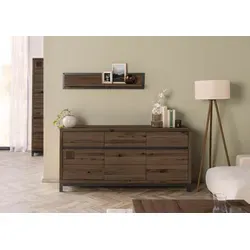 Sideboard Kernbuche 175x45x85 - VILLANDERS #208 in Tabacco Braun - Massives Sideboard aus Kernbuche mit geölten Oberflächen, Soft-Close-Schubladen und stilvollen Hirnholz-Elementen. Elegantes Design mit Metallrahmen und höhenverstellbaren Einlegeböden – ideal für jeden Wohnraum.