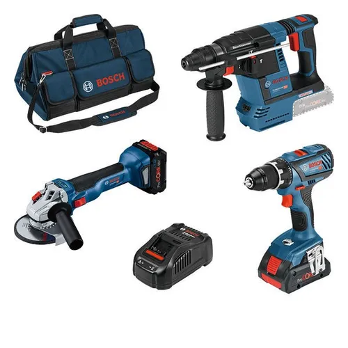 Bosch Combo-Kit 0615990M3C - 18V Akku-Set mit Bohrhammer, Bohrschrauber und Winkelschleifer, inklusive 2 ProCore Akkus und GRATIS Akku-Werkzeug oder beheizbarer Jacke