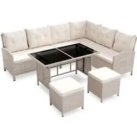 Juskys Gartenlounge Manacor creme - Stilvolles Sofa-Set für 8 Personen - Verwandeln Sie Ihren Garten oder Balkon mit der eleganten Gartenlounge Manacor in eine Wohlfühloase. Das Set bietet Platz für bis zu 8 Personen und umfasst Sofa, Hocker und Tisch mit bequemen Kissen für gemütliche Stunden im Freien.