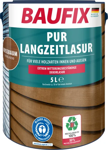 Baufix Holzlasur PUR-Langzeitlasur, 5,0l - Wetterfest in Nussbaum - Wasserbasierte Holzlasur für innen und außen. Hohe Witterungs- und UV-Beständigkeit durch Polyurethananteil. Ideal für langlebige, strapazierfähige Oberflächen, die die natürliche Maserung betonen.