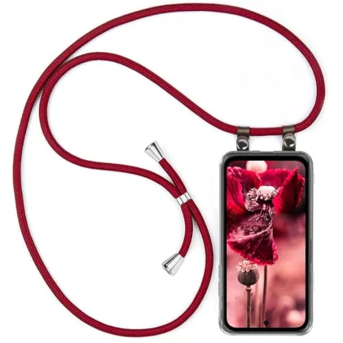 moex Handykette für Google Pixel 8a Hülle mit Band abnehmbar, Handyhülle mit Kette zum Umhängen, Handyband 155 cm lang Stoff Kordel Umhängehülle, Handy Umhängeband, Weinrot