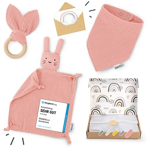 Räuberella® Baby-Geschenk-Set in Rosa – 4-teiliges Neugeborenen-Set - Niedliches 4-teiliges Geschenkset für Neugeborene mit Schmusetuch, Beißring und Lätzchen, gefertigt aus hochwertiger Bio-Baumwolle. Perfekt als Geschenk zur Geburt oder Taufe – liebevoll gestaltet und sicher für dein Baby!