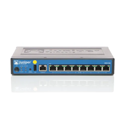 Juniper SRX100B Firewall-VPN-Gerät - Kabelgebundenes Sicherheitsgerät mit JUNOS-Betriebssystem, ideal für Netzwerkschutz und VPN-Anwendungen. Kompakt und leistungsstark für bis zu 10 Watt Verbrauch.