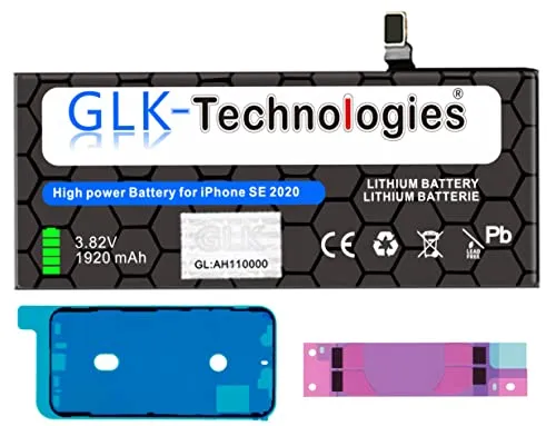 High Power Ersatzakku kompatibel mit Apple iPhone SE 2 (2020) APN A2296 A2312 | GLK-Technologies Battery | accu | 1920mAh Akku | inkl. 2X Klebebandsätze