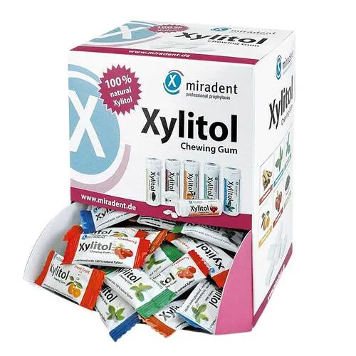 Miradent Zahnpflegekaugummi Xylitol 400 g - Kaugummis mit Kariesprävention, vermindert Plaque und remineralisiert den Zahnschmelz. 100% Xylitol, vegan und in sechs kinderfreundlichen Geschmacksrichtungen.