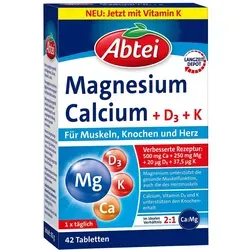 Abtei Magnesium + Calcium + D3 + K - Nahrungsergänzung mit Langzeit-Depot zur Unterstützung von Muskeln, Knochen, Herz und Nervensystem - 1 x 42 Tabletten