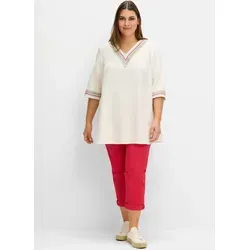 Longbluse SHEEGO, Damen, Gr. 58, beige (champagner), 50% Viskose, 38% Baumwolle, 12% Leinen, V-Ausschnitt, 3/4-Ärmel, Blusen
